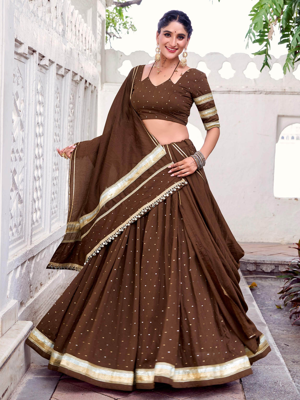 Brown Pure Chanderi Zari Weaving Embossed Lace Lehenga Choli