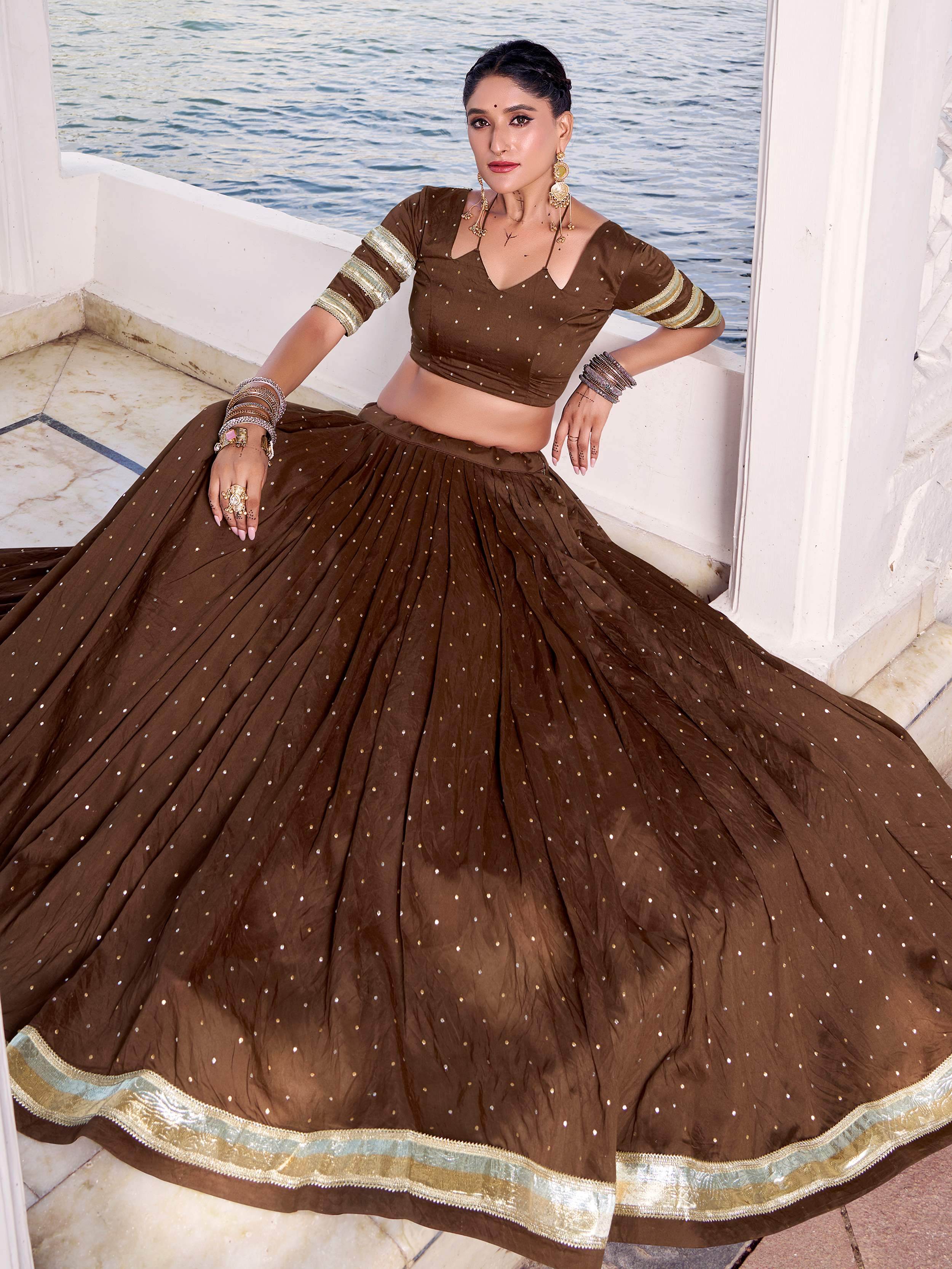 Brown Pure Chanderi Zari Weaving Embossed Lace Lehenga Choli