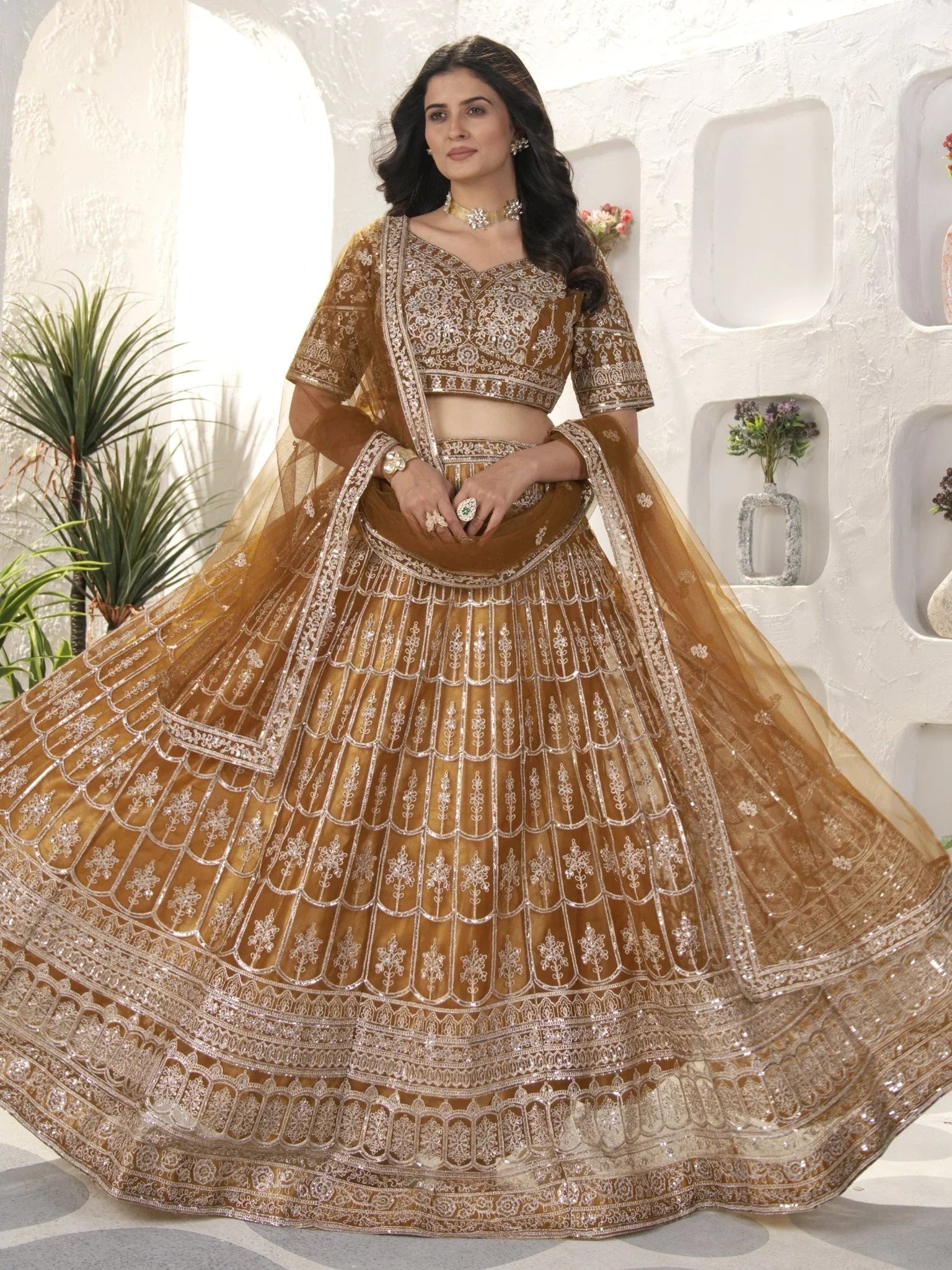 Brown Net Sequins Embroidered Designer Lehenga Choli with Dupatta