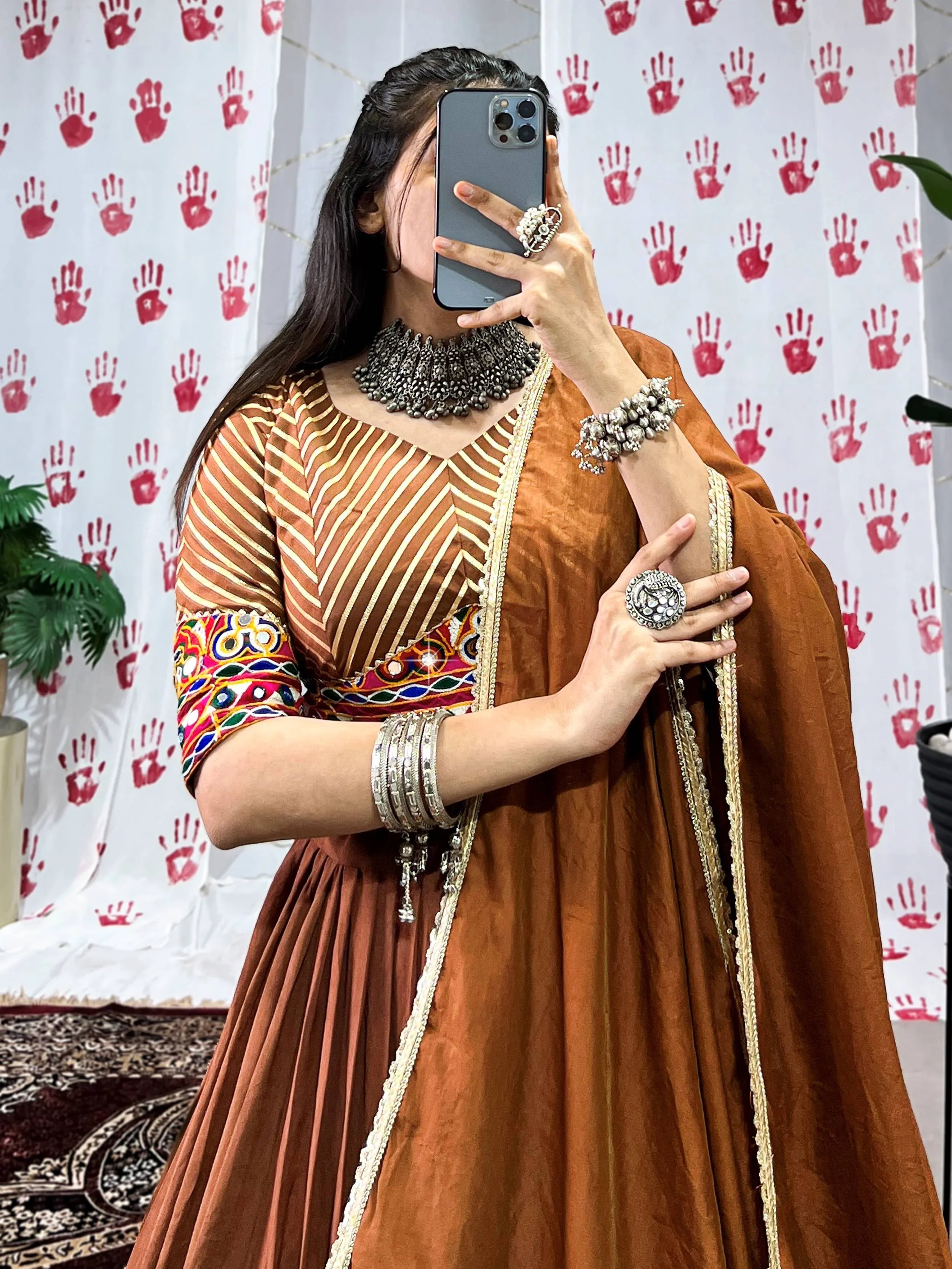 Brown Pure Chanderi Zari Weaving Mirror Gamthi Work Lehenga Choli