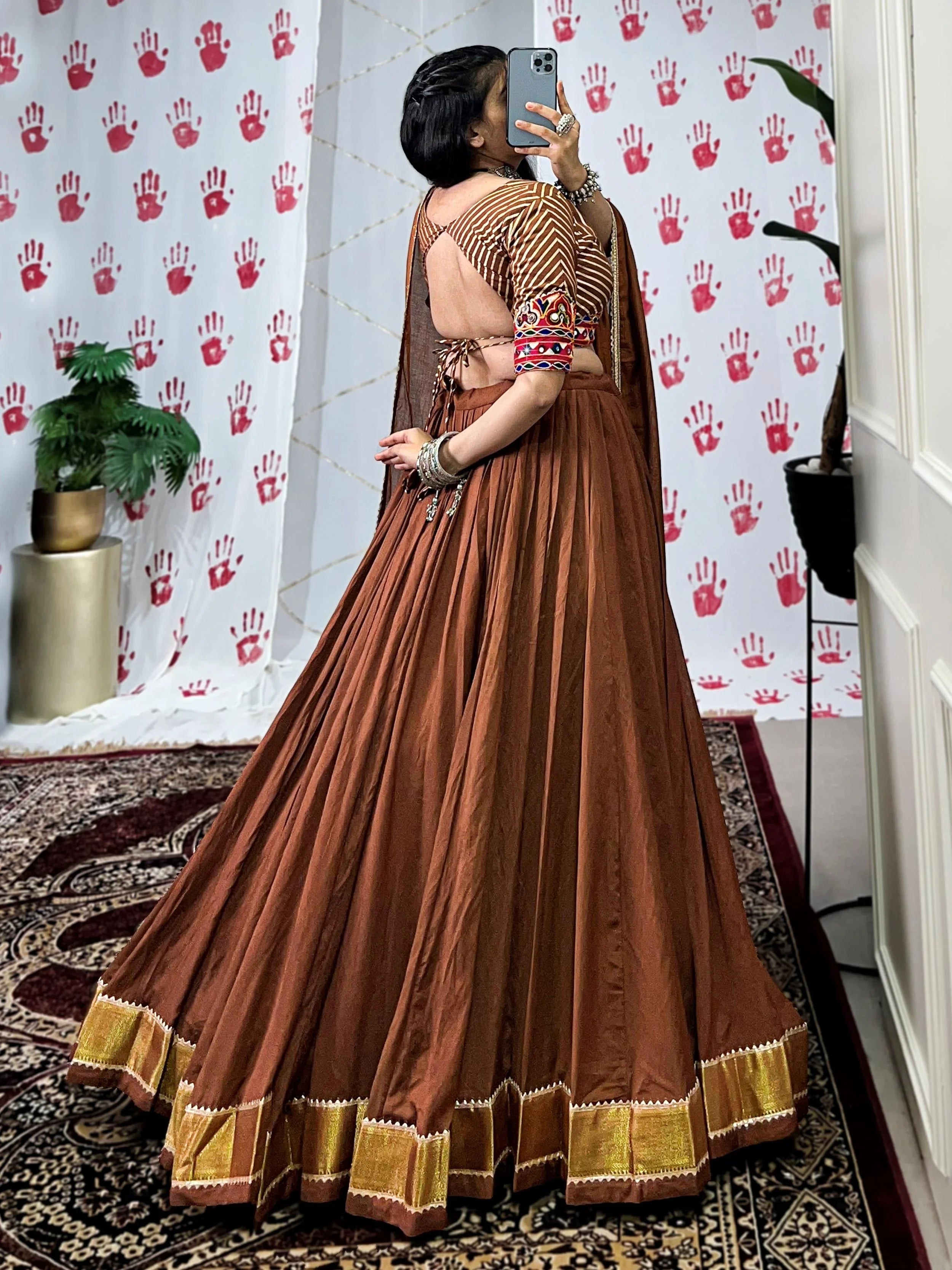 Brown Pure Chanderi Zari Weaving Mirror Gamthi Work Lehenga Choli