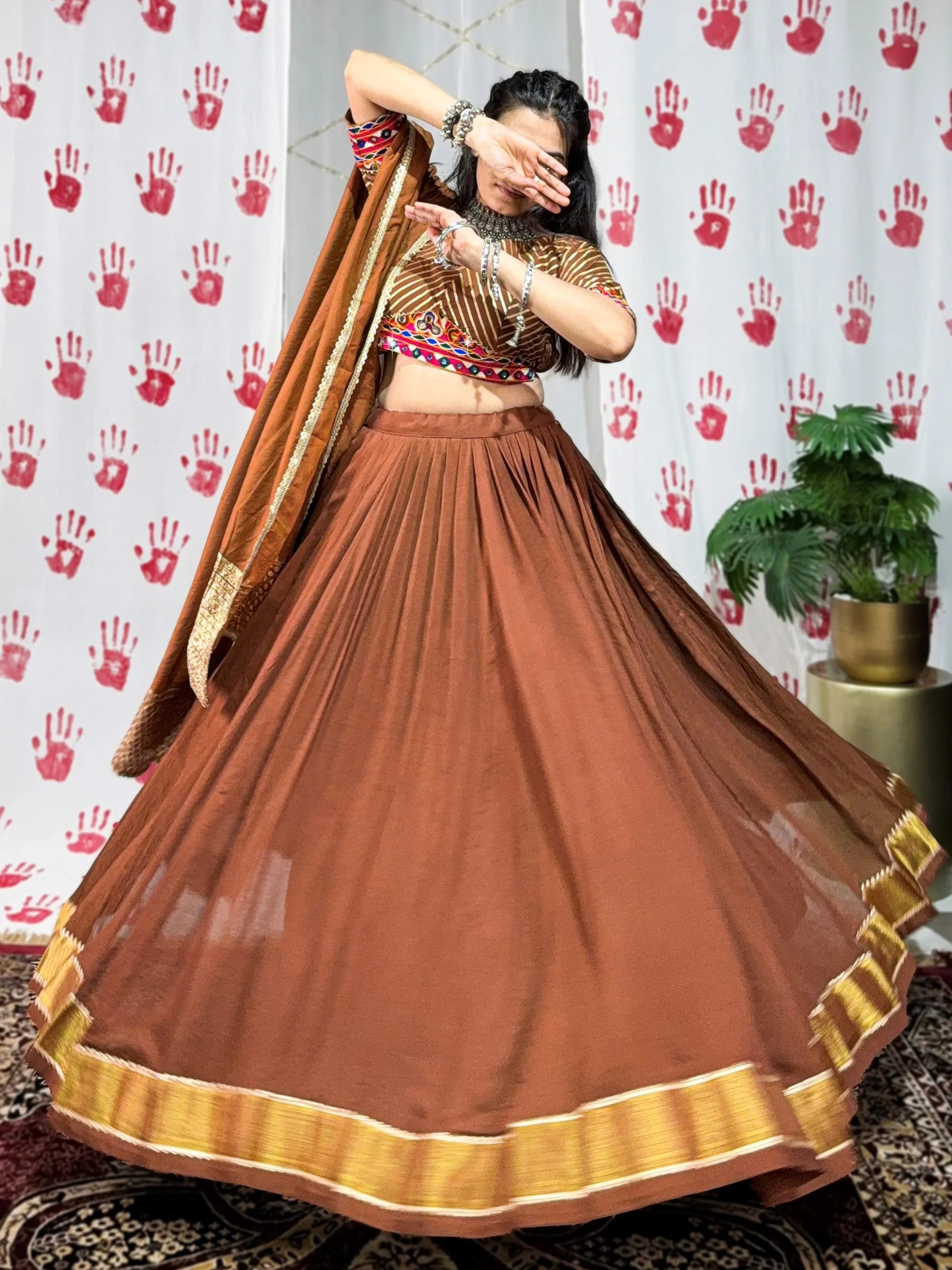 Brown Pure Chanderi Zari Weaving Mirror Gamthi Work Lehenga Choli
