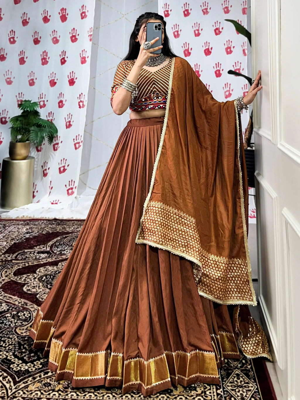 Brown Pure Chanderi Zari Weaving Mirror Gamthi Work Lehenga Choli