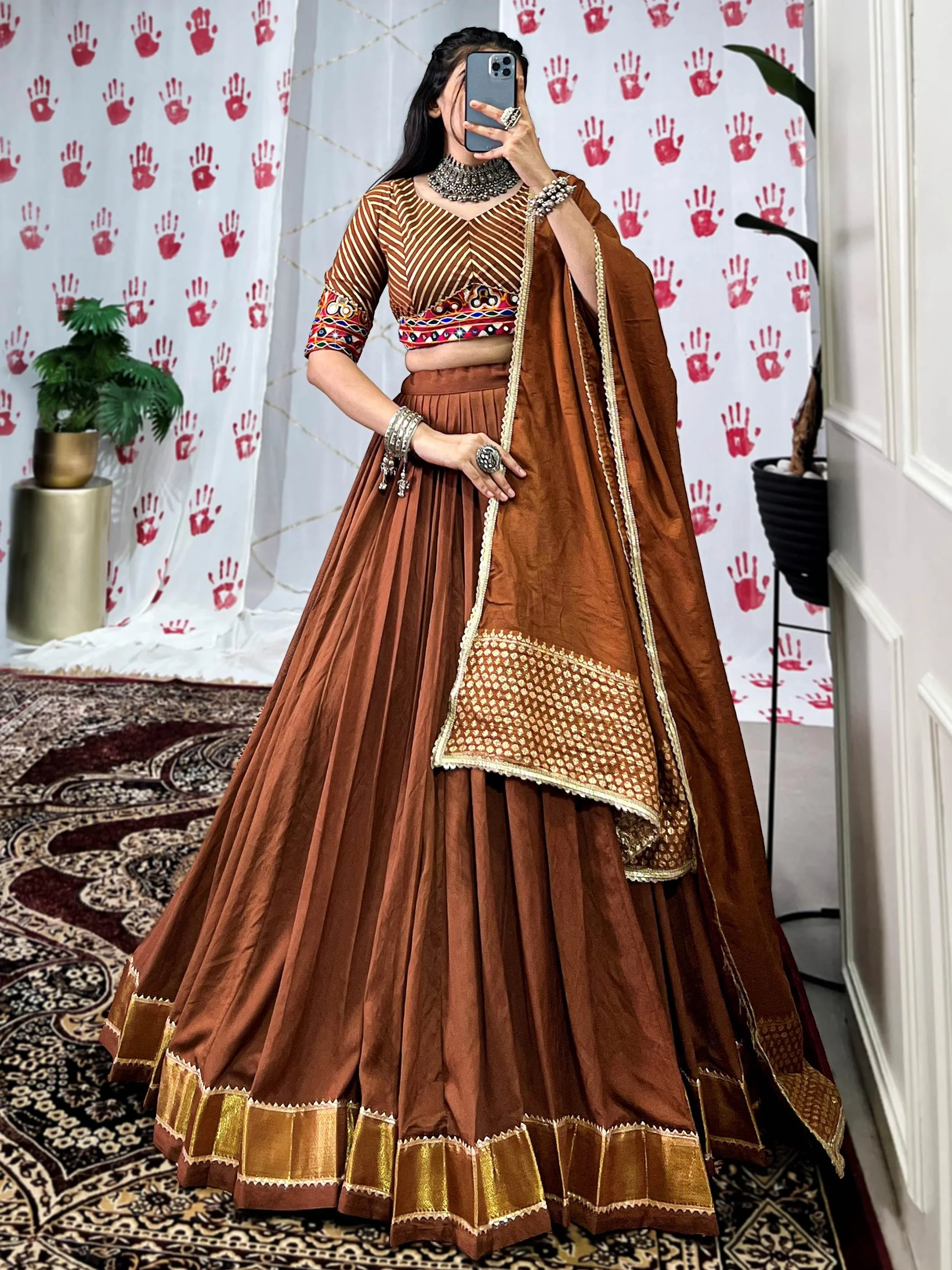 Brown Pure Chanderi Zari Weaving Mirror Gamthi Work Lehenga Choli