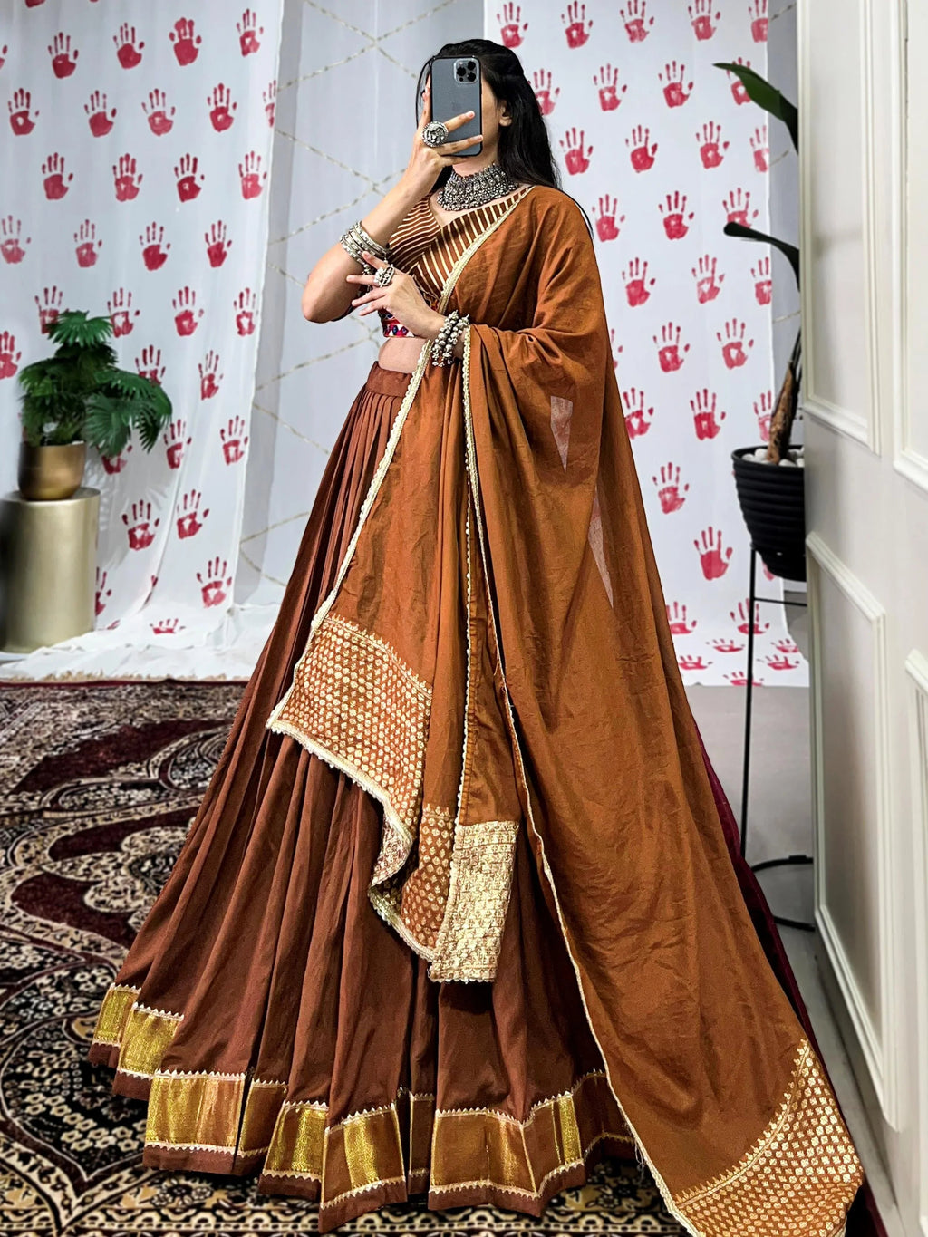 Brown Pure Chanderi Zari Weaving Mirror Gamthi Work Lehenga Choli