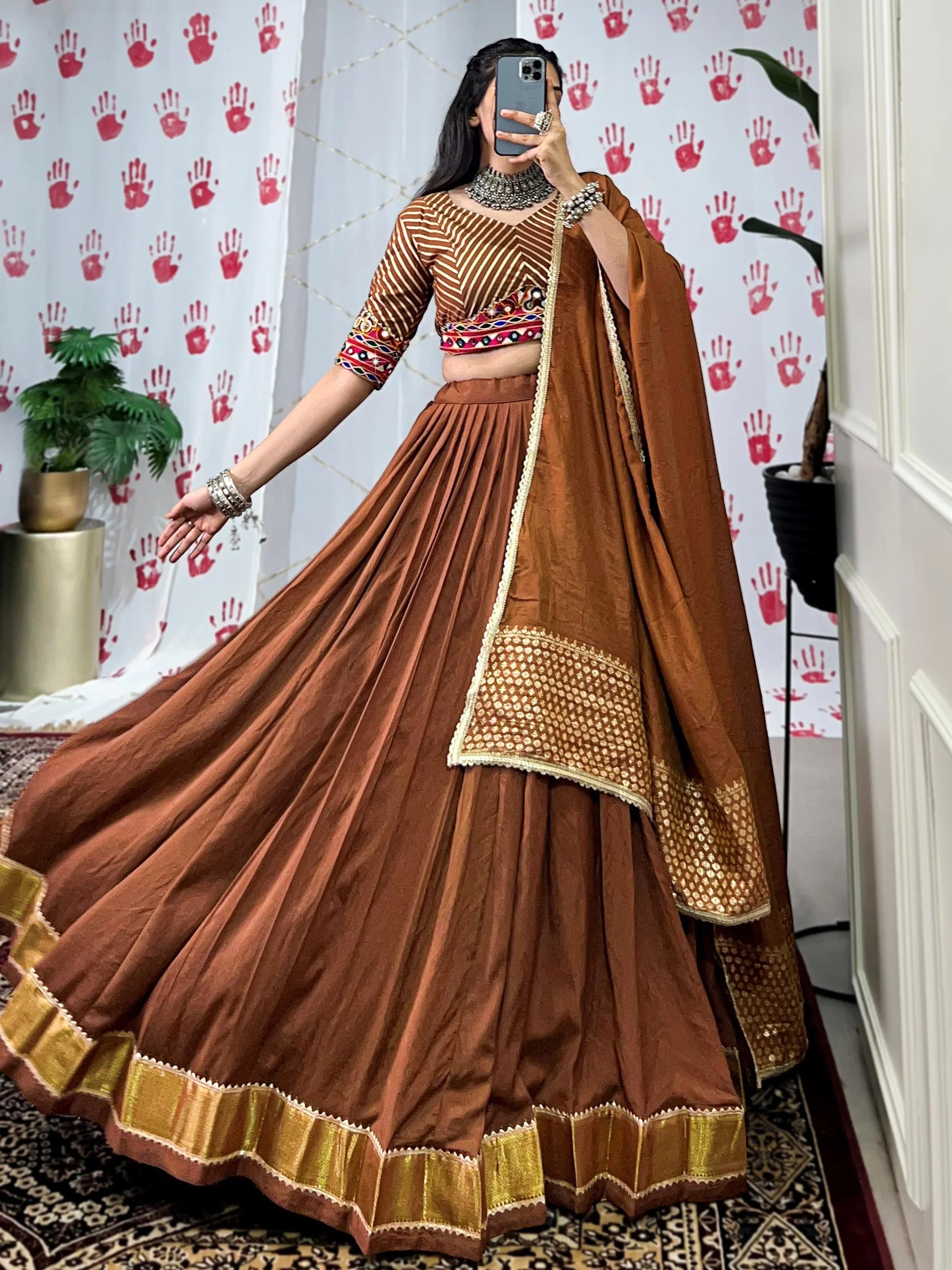 Brown Pure Chanderi Zari Weaving Mirror Gamthi Work Lehenga Choli