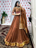 Brown Pure Chanderi Zari Weaving Mirror Gamthi Work Lehenga Choli