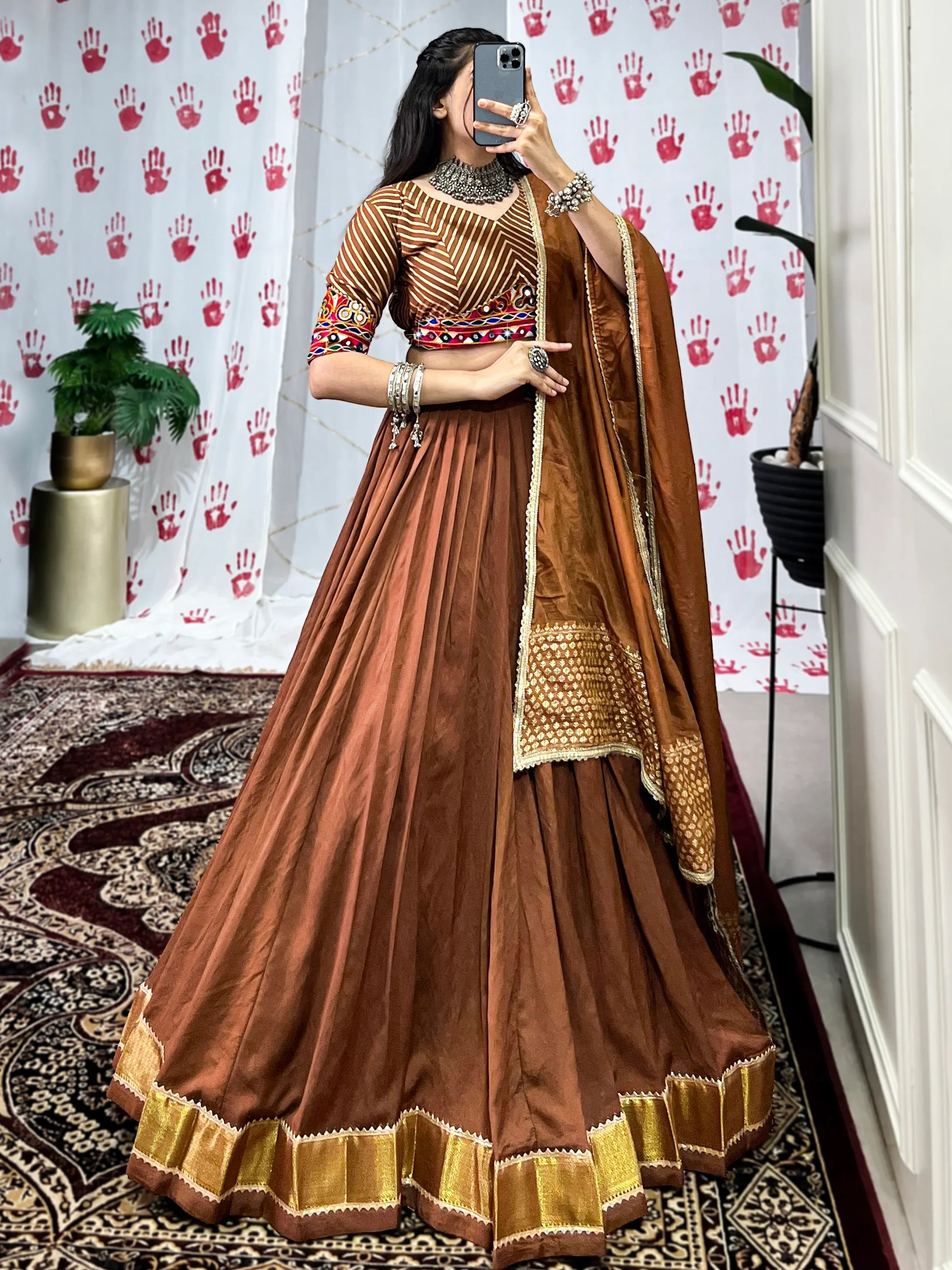 Brown Pure Chanderi Zari Weaving Mirror Gamthi Work Lehenga Choli