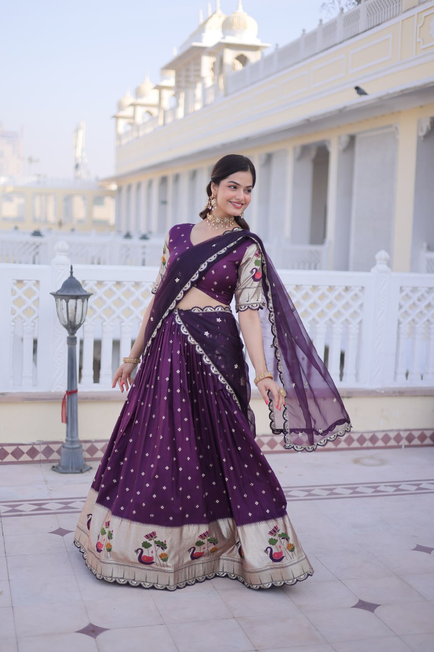 Charumati Purple Dola Silk Weaving Sequins  Embroidered Half-Saree Lehenga