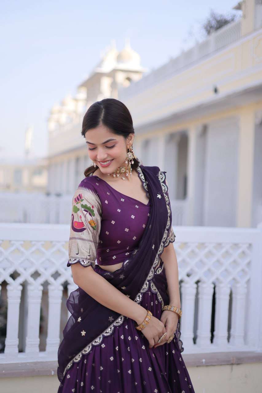 Charumati Purple Dola Silk Weaving Sequins  Embroidered Half-Saree Lehenga