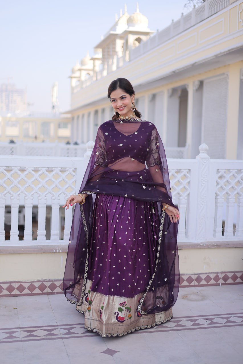 Charumati Purple Dola Silk Weaving Sequins  Embroidered Half-Saree Lehenga
