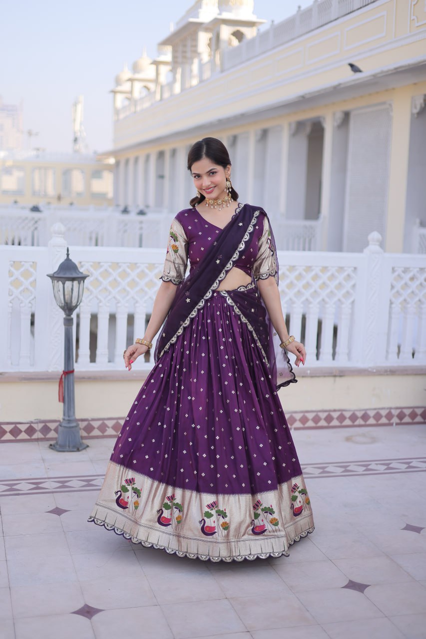 Charumati Purple Dola Silk Weaving Sequins  Embroidered Half-Saree Lehenga