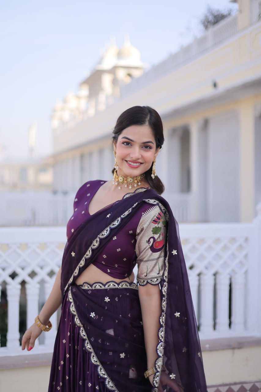 Charumati Purple Dola Silk Weaving Sequins  Embroidered Half-Saree Lehenga