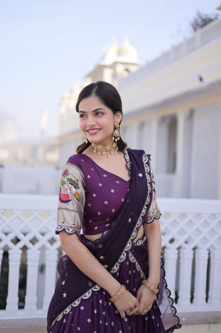 Charumati Purple Dola Silk Weaving Sequins  Embroidered Half-Saree Lehenga