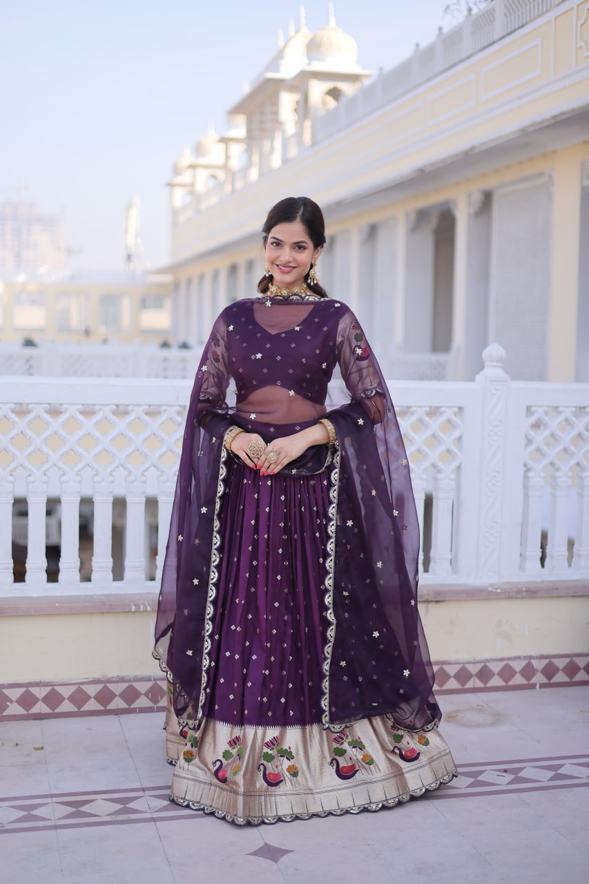 Charumati Purple Dola Silk Weaving Sequins  Embroidered Half-Saree Lehenga