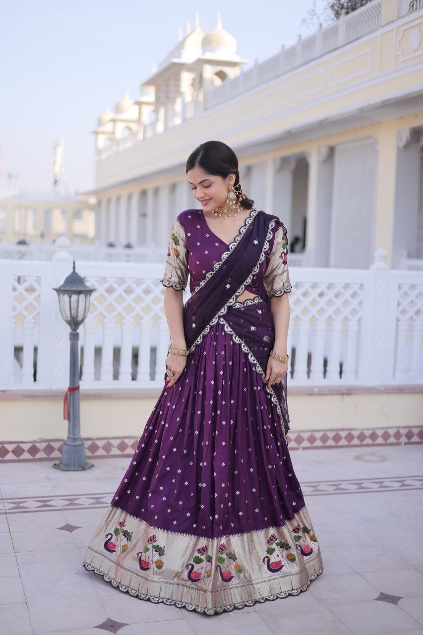 Charumati Purple Dola Silk Weaving Sequins  Embroidered Half-Saree Lehenga