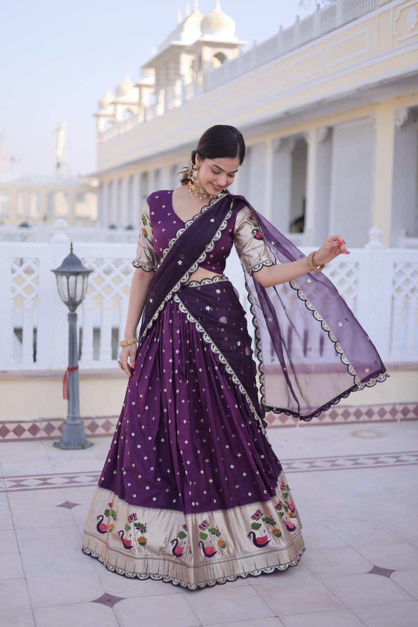 Charumati Purple Dola Silk Weaving Sequins  Embroidered Half-Saree Lehenga