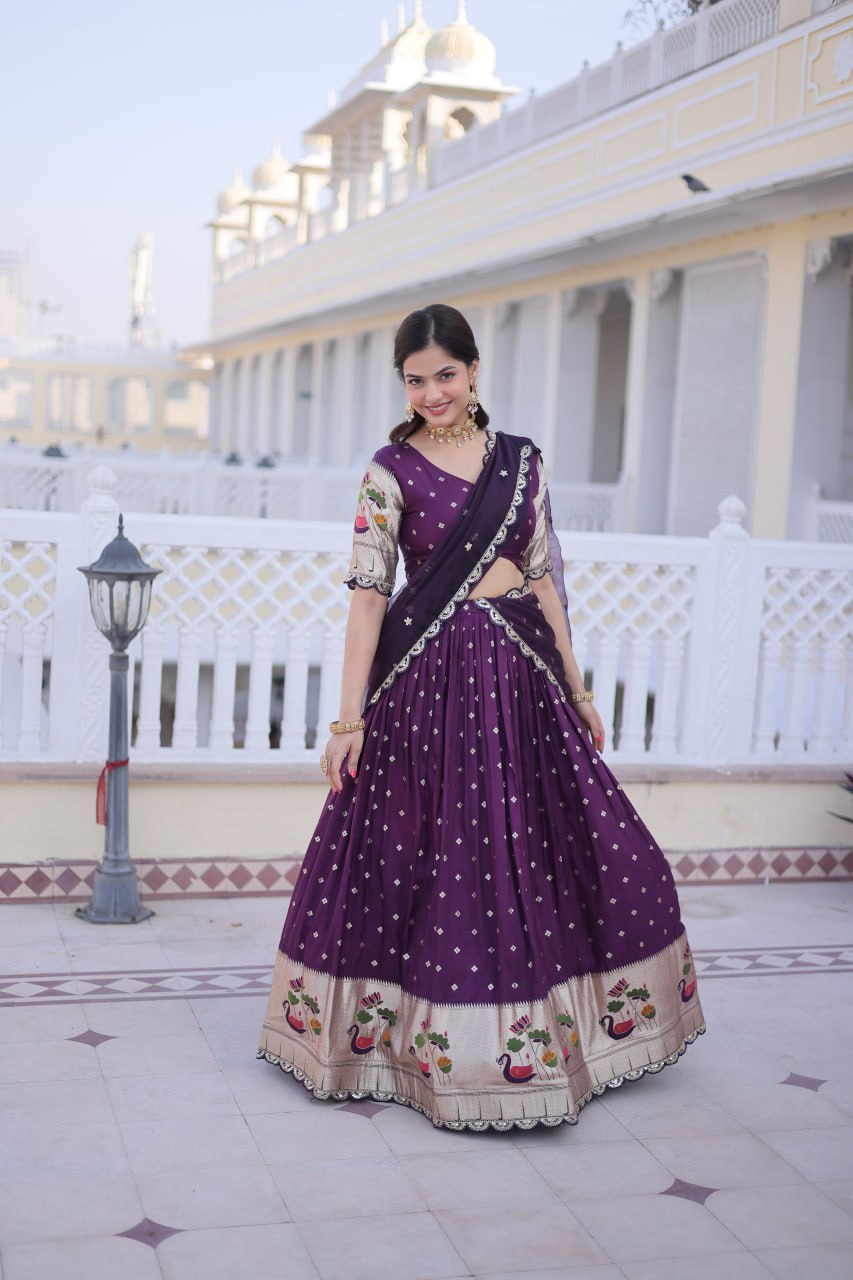 Charumati Purple Dola Silk Weaving Sequins  Embroidered Half-Saree Lehenga