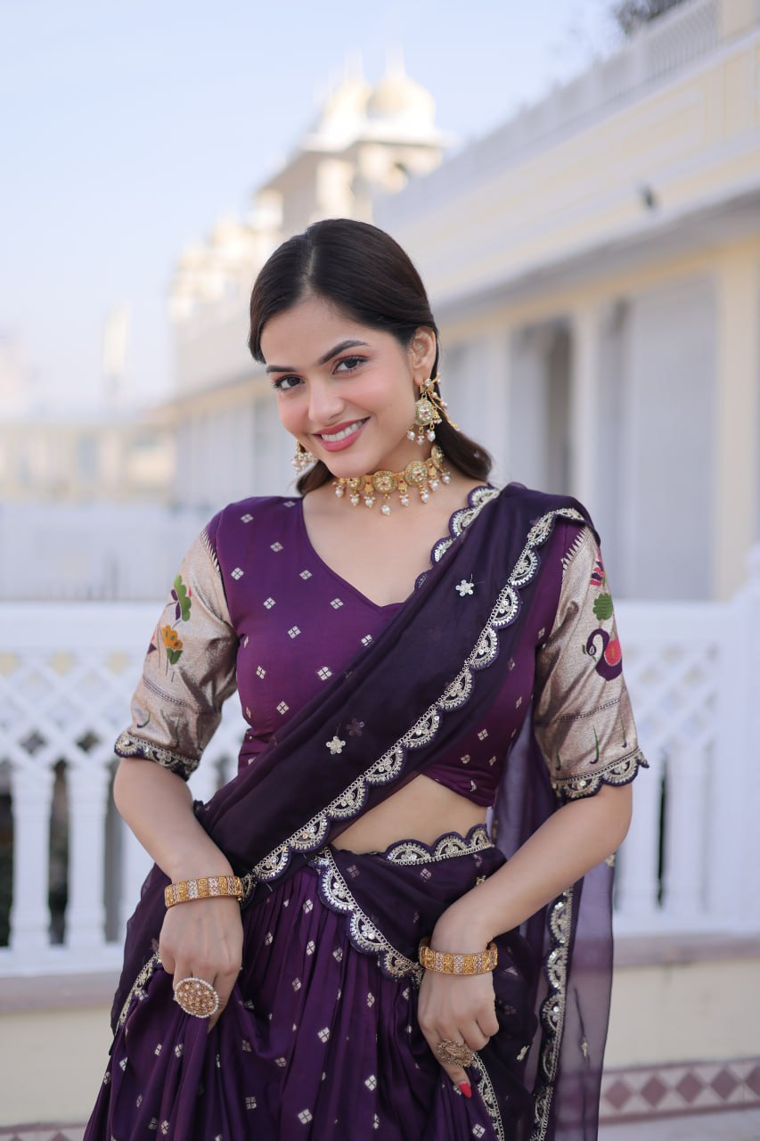 Charumati Purple Dola Silk Weaving Sequins  Embroidered Half-Saree Lehenga