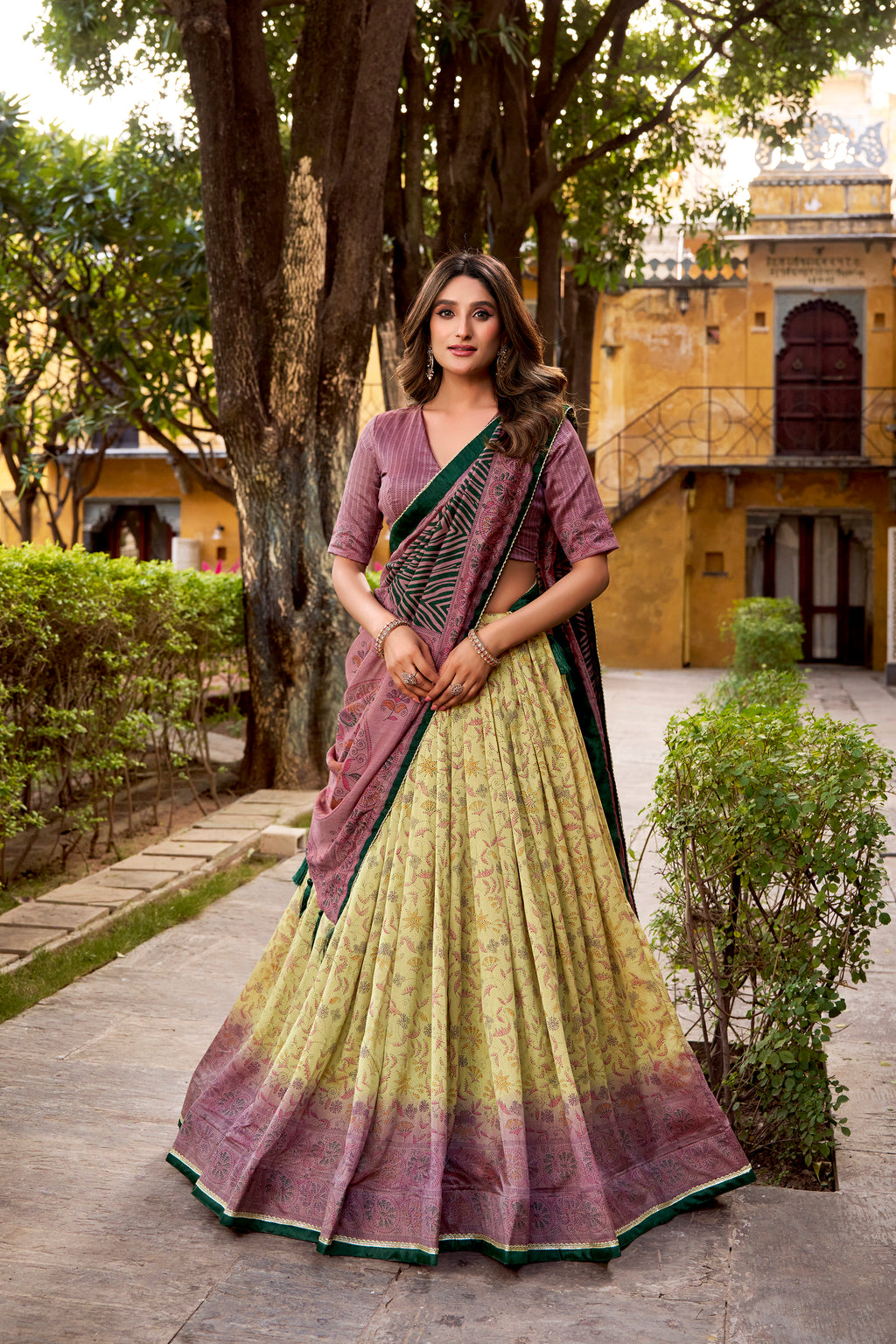 Chitra Dusty Mauve Color Vichitra Silk Printed Lehenga Choli With Dupatta