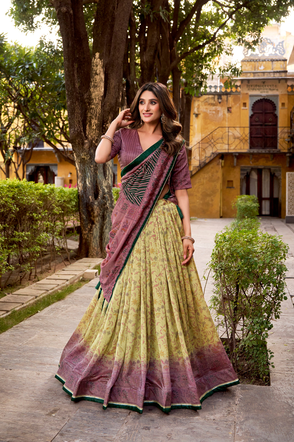 Chitra Dusty Mauve Color Vichitra Silk Printed Lehenga Choli With Dupatta