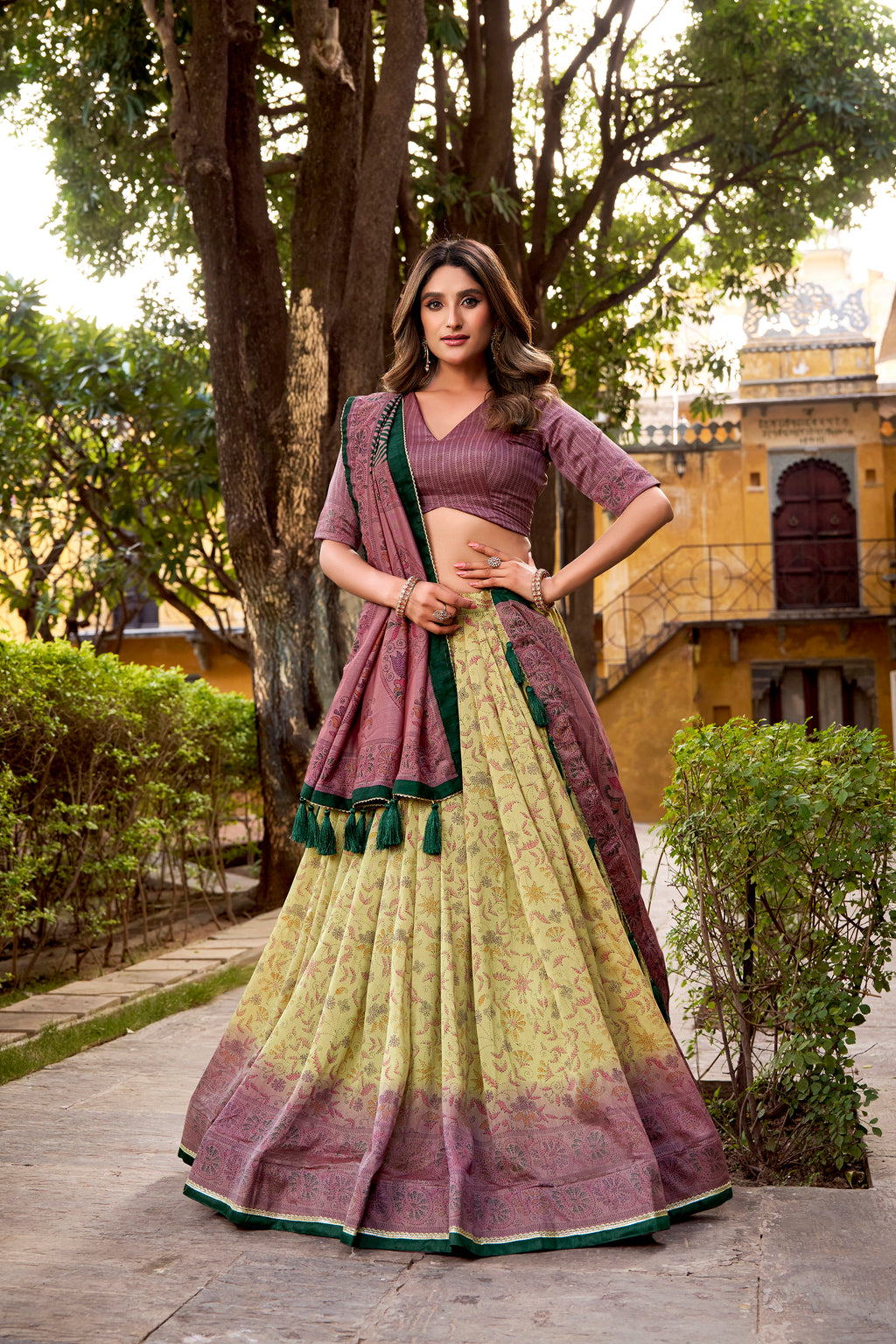 Chitra Dusty Mauve Color Vichitra Silk Printed Lehenga Choli With Dupatta