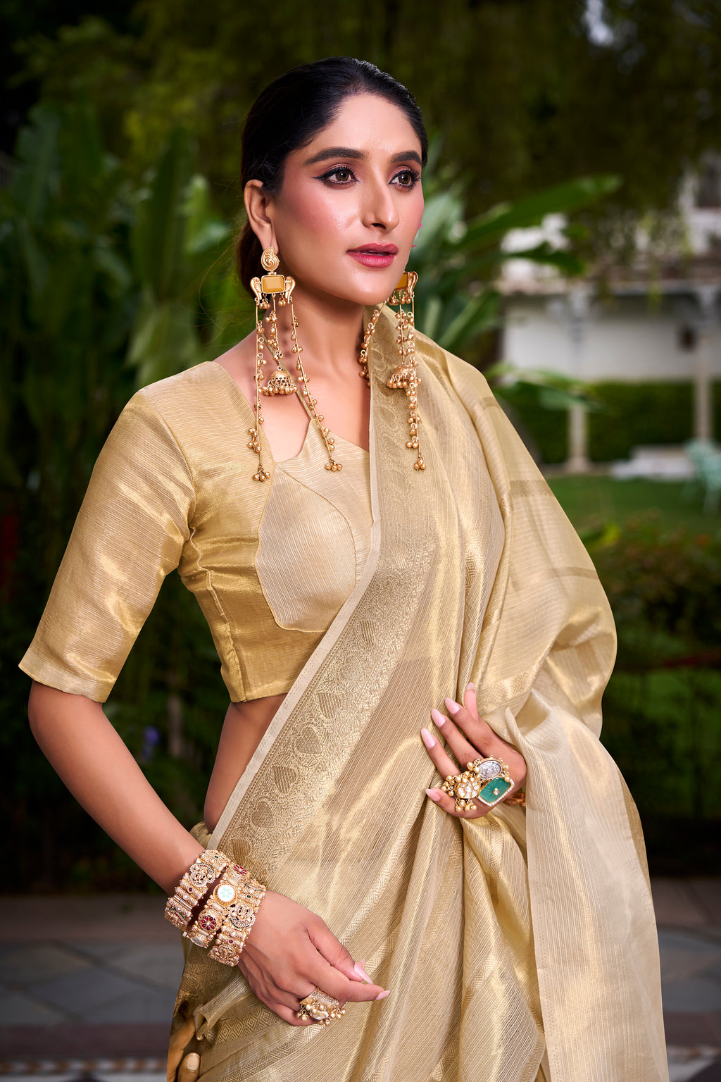 Cream Color Gold Tissue Zari Weaving Saree with Blouse