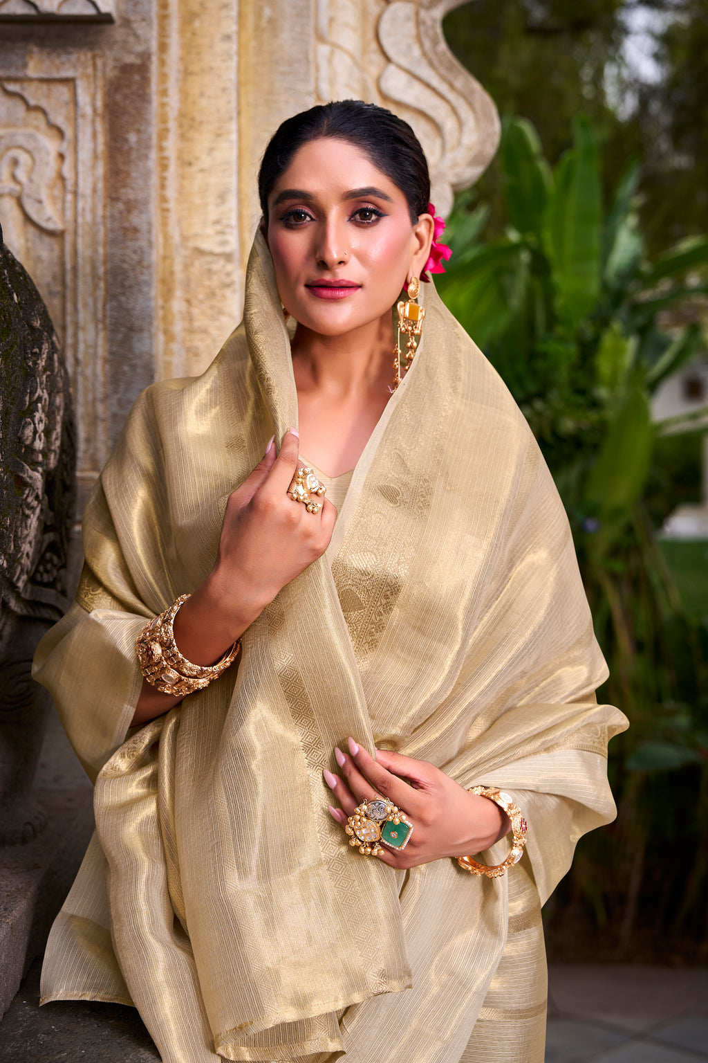 Cream Color Gold Tissue Zari Weaving Saree with Blouse