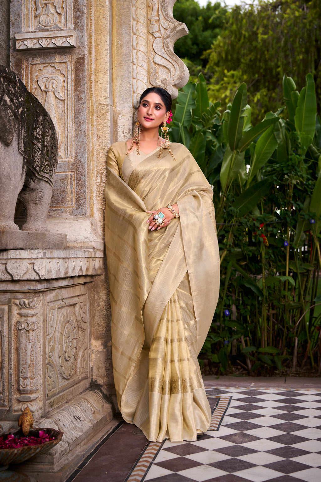 Cream Color Gold Tissue Zari Weaving Saree with Blouse