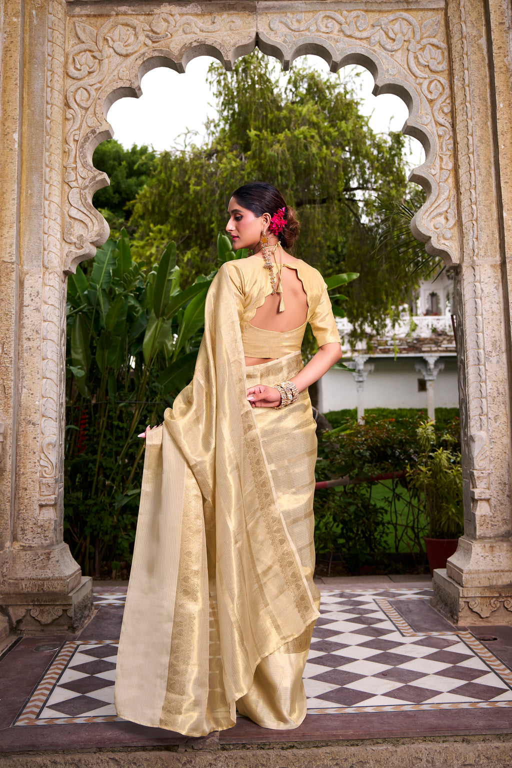 Cream Color Gold Tissue Zari Weaving Saree with Blouse