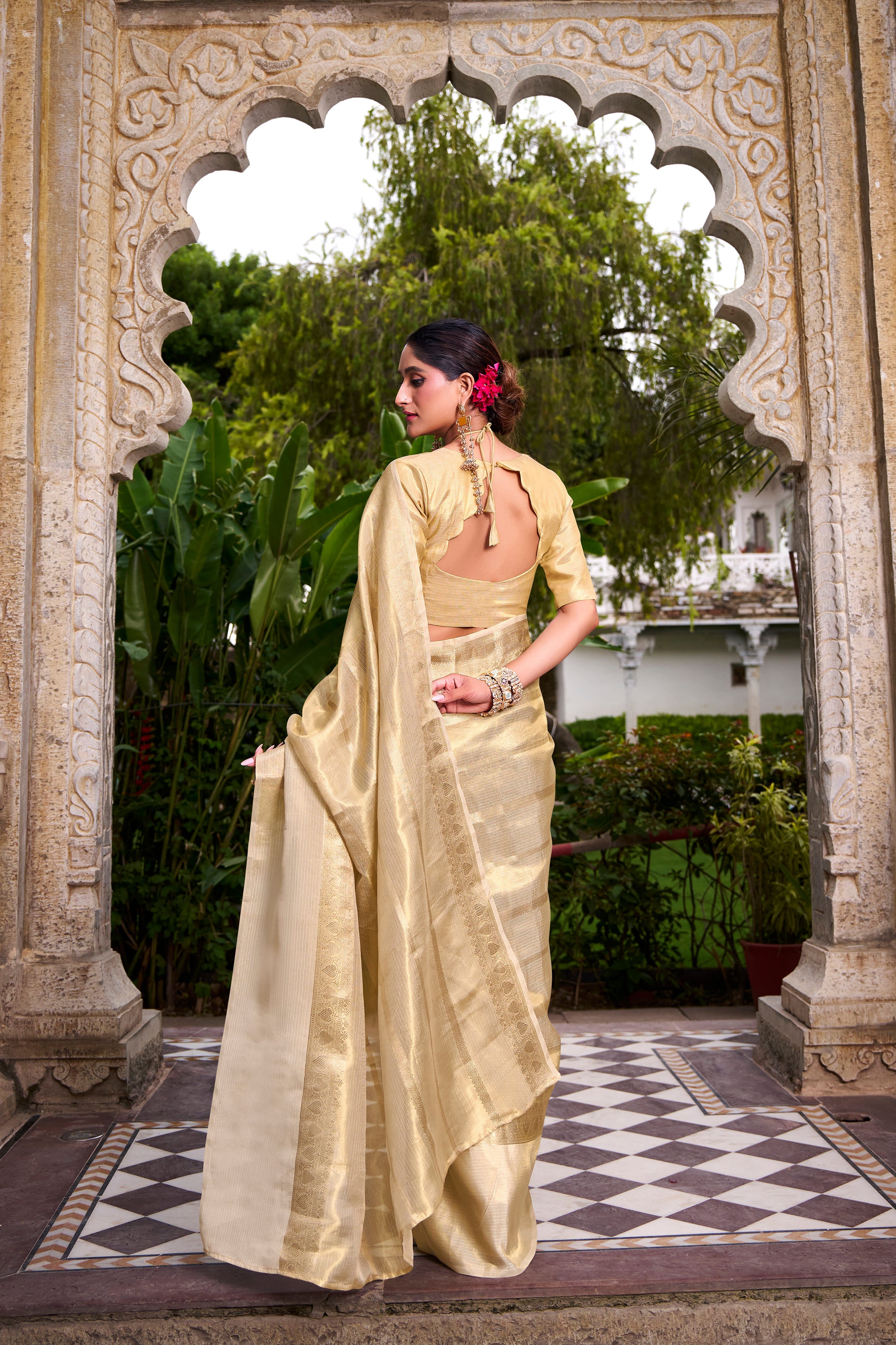 Cream Color Gold Tissue Zari Weaving Saree with Blouse