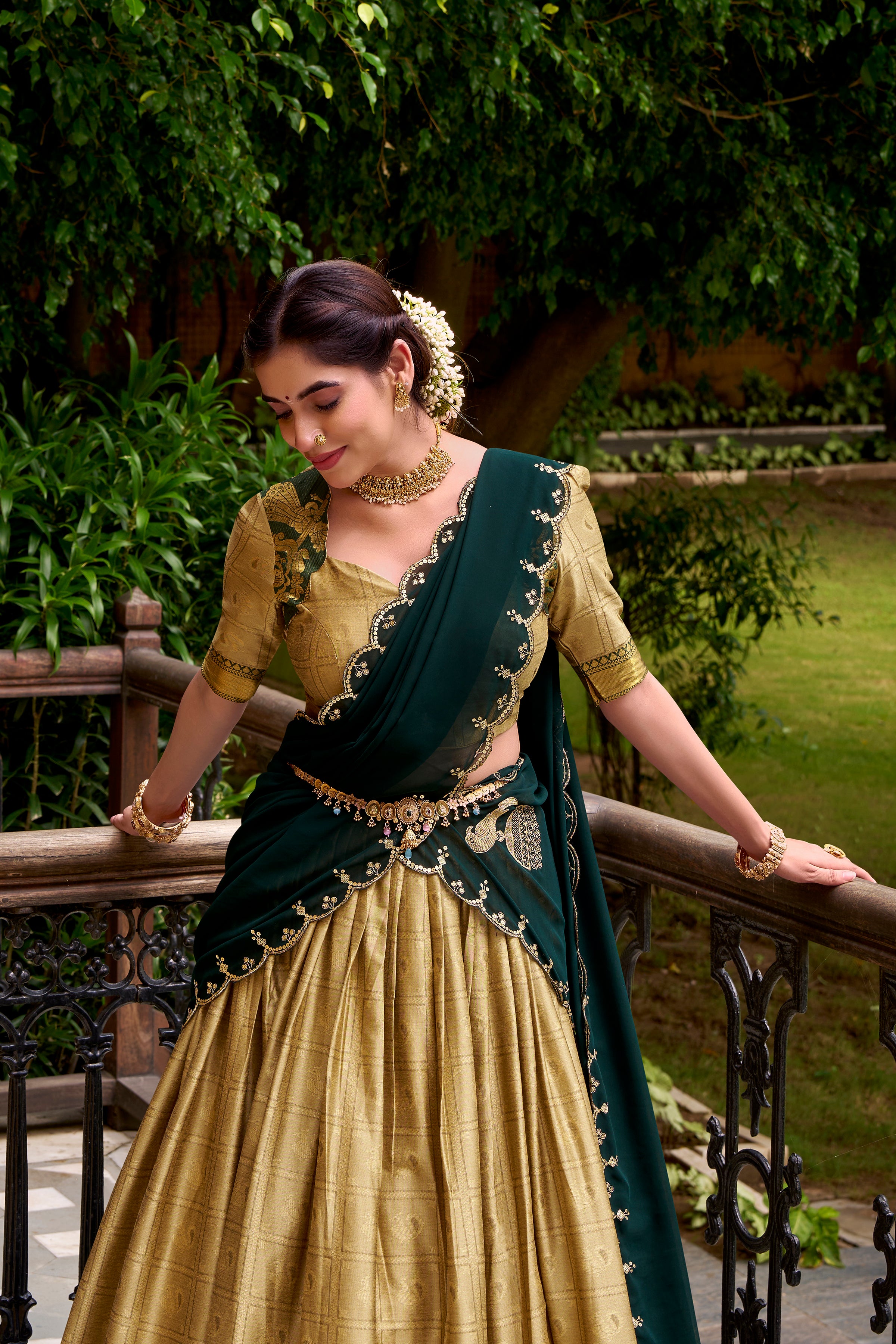 Cream Color Poly Cotton Zari Weaving Half Saree Lehenga Choli