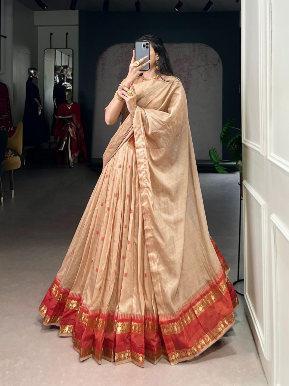 Cream Color Pure Chanderi Zari Weaving Half Saree Lehenga Choli