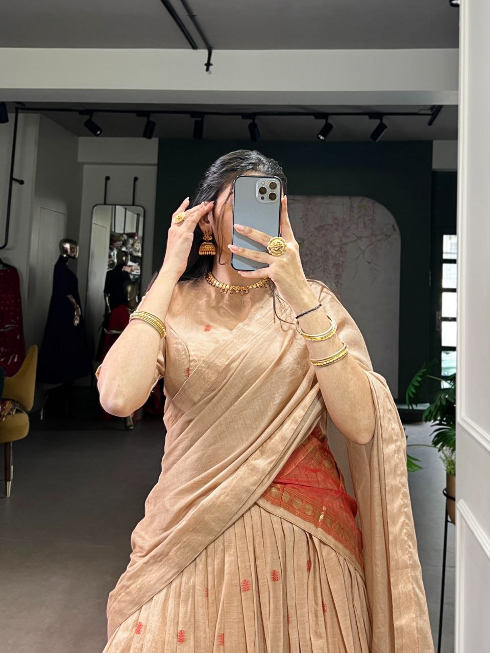 Cream Color Pure Chanderi Zari Weaving Half Saree Lehenga Choli