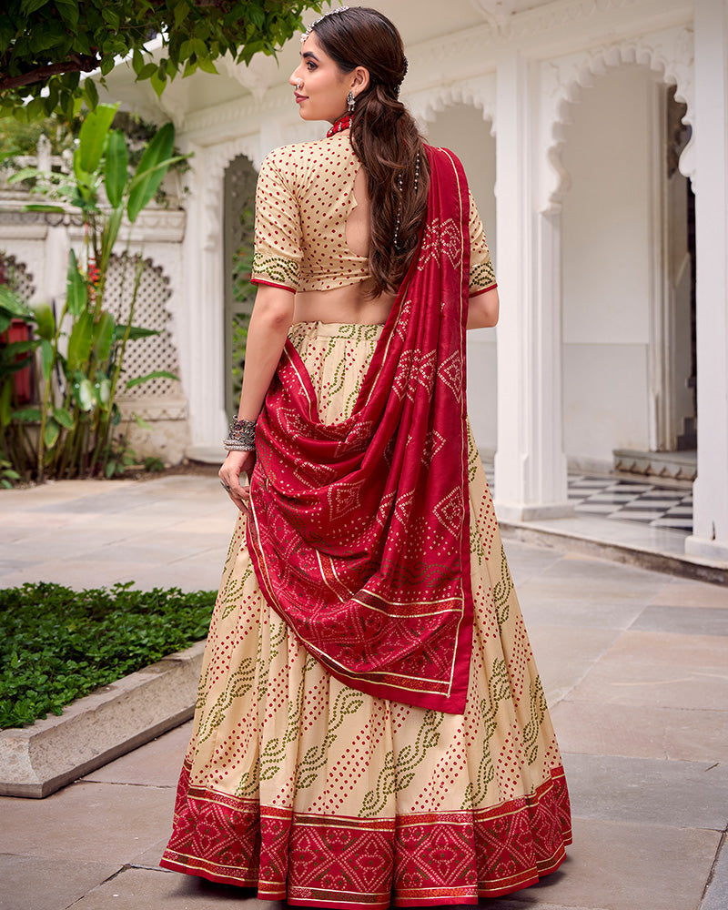 Cream Colour Silk Bandhani Print Gotta Patti Lace Work Lehenga Choli