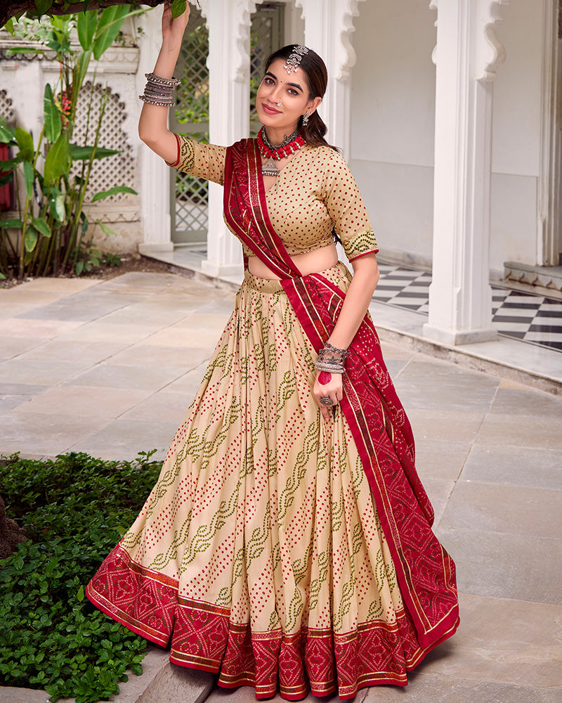 Cream Colour Silk Bandhani Print Gotta Patti Lace Work Lehenga Choli
