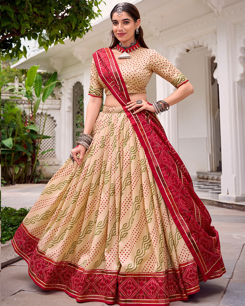 Cream Colour Silk Bandhani Print Gotta Patti Lace Work Lehenga Choli