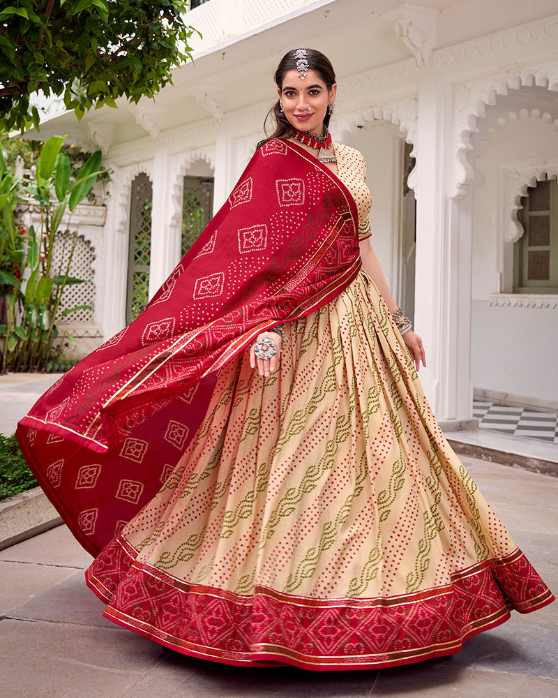 Cream Colour Silk Bandhani Print Gotta Patti Lace Work Lehenga Choli