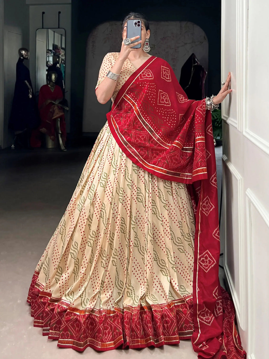 Cream Colour Silk Bandhani Print Gotta Patti Lace Work Lehenga Choli