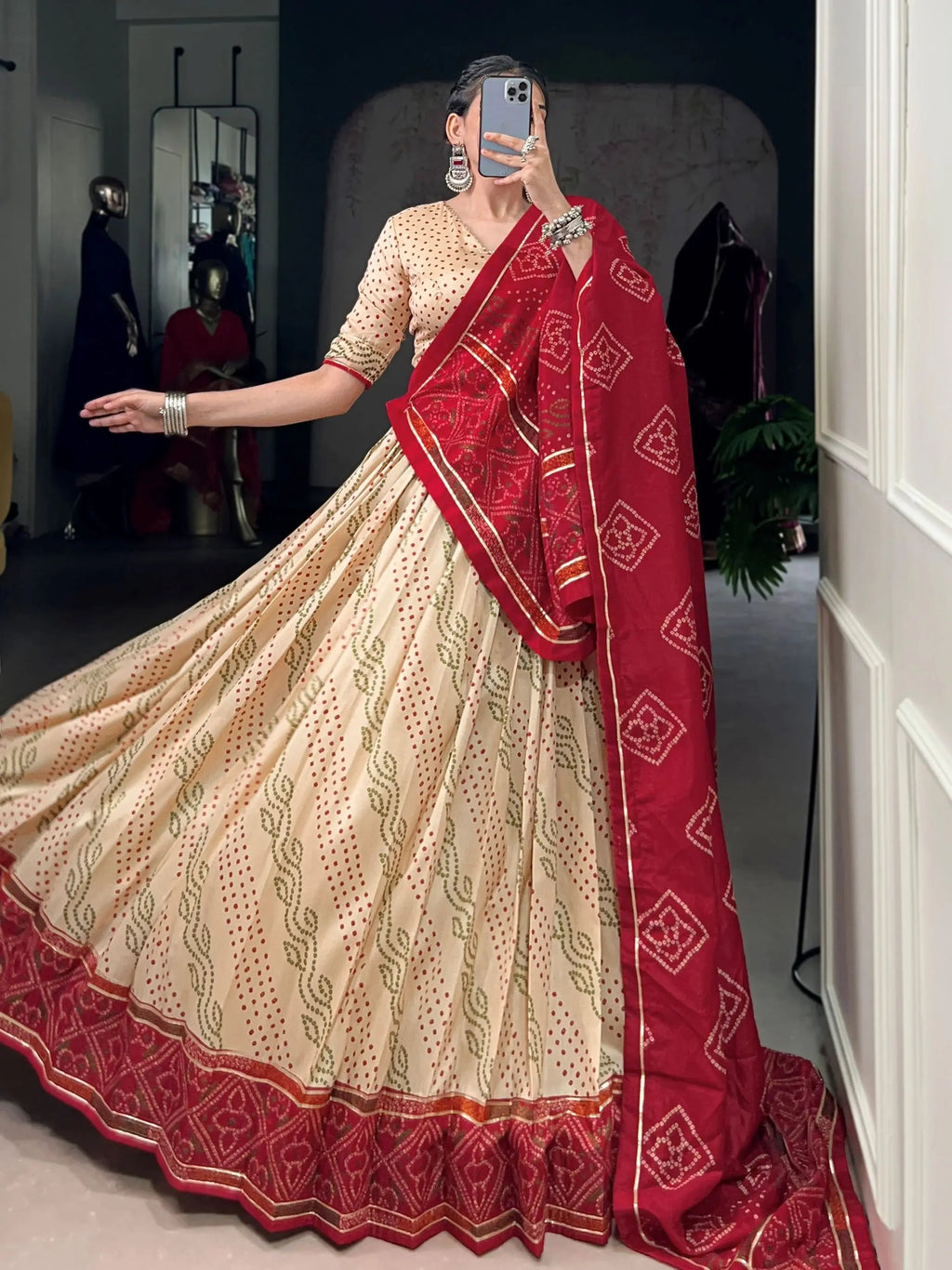 Cream Colour Silk Bandhani Print Gotta Patti Lace Work Lehenga Choli