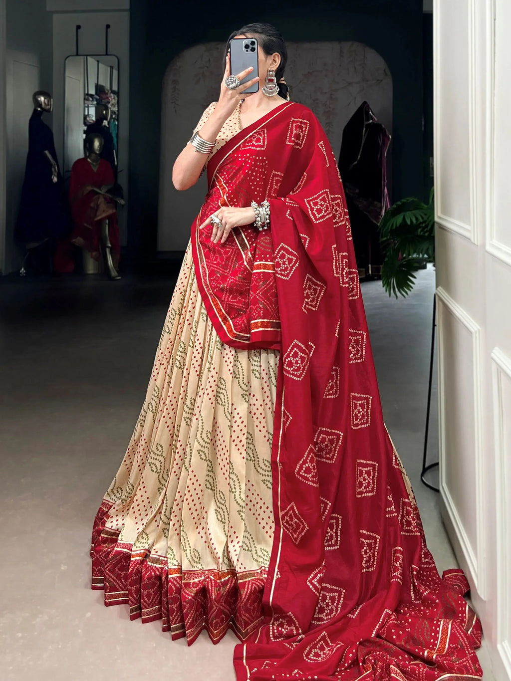 Cream Colour Silk Bandhani Print Gotta Patti Lace Work Lehenga Choli