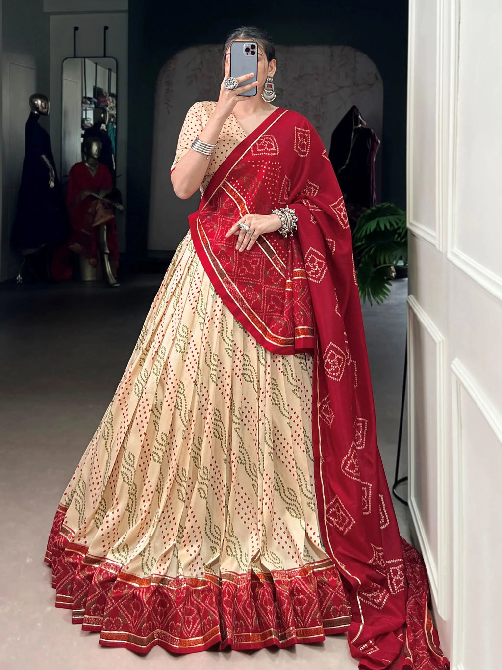 Cream Colour Silk Bandhani Print Gotta Patti Lace Work Lehenga Choli