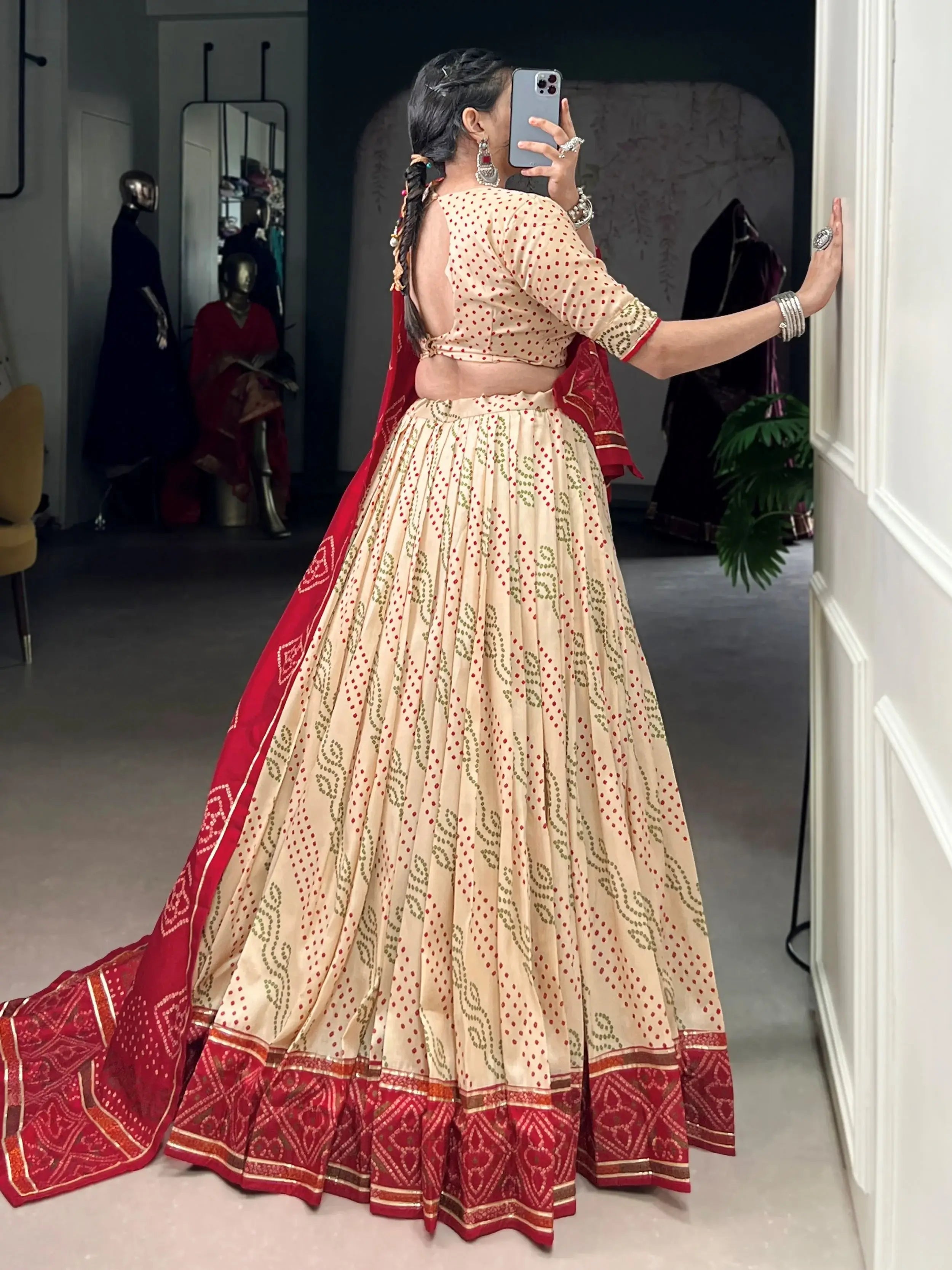 Cream Colour Silk Bandhani Print Gotta Patti Lace Work Lehenga Choli