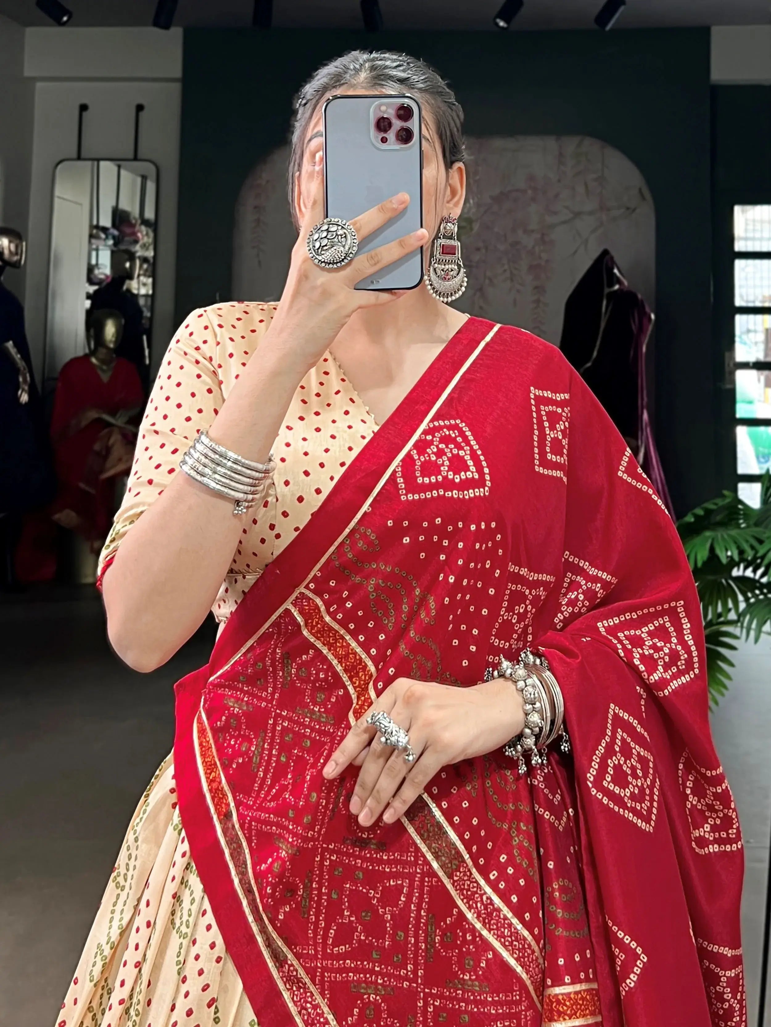 Cream Colour Silk Bandhani Print Gotta Patti Lace Work Lehenga Choli