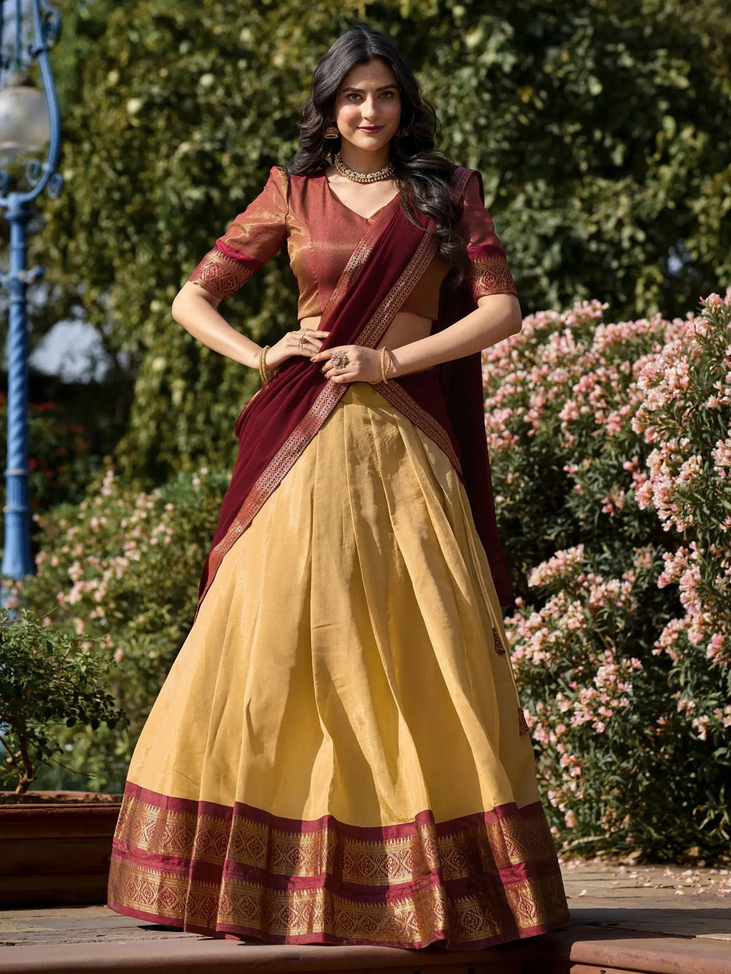 Cream Kanchipuram Silk Zari Weaving Work Traditional Lehenga Choli