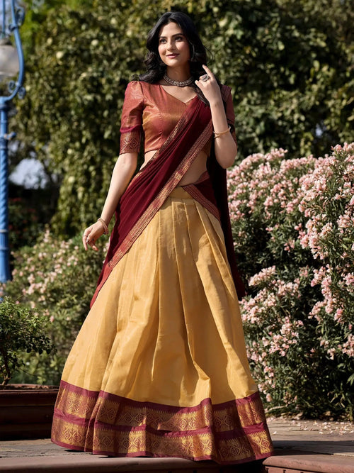 Cream Kanchipuram silk zari weaving work traditional lehenga choli