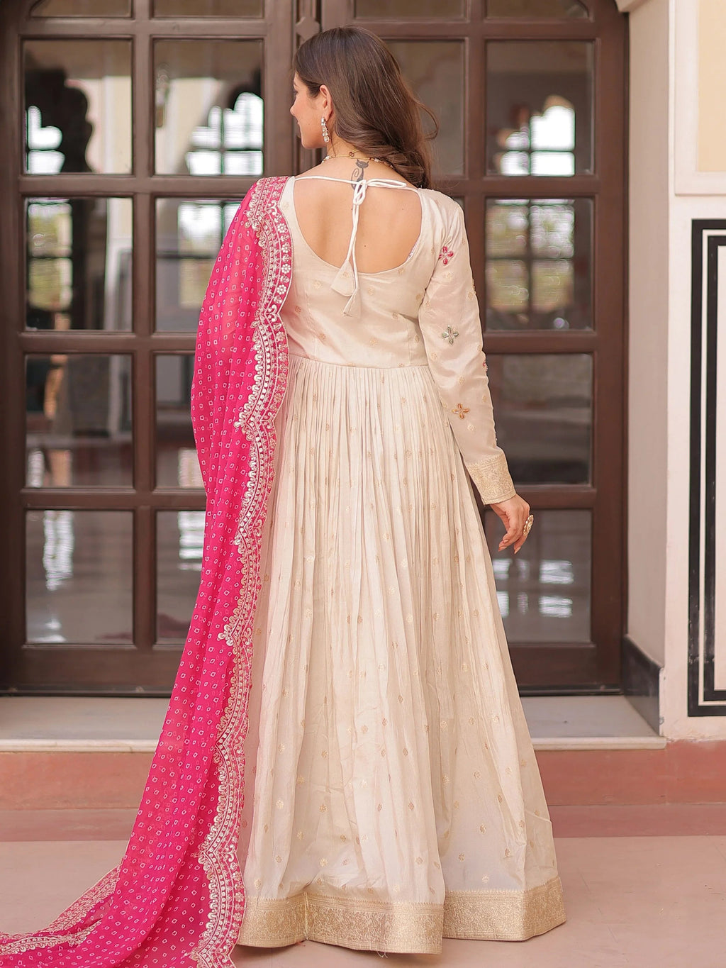 Cream Silk Pearl Beads Embroidery Gown with Pink Bandhani Dupatta
