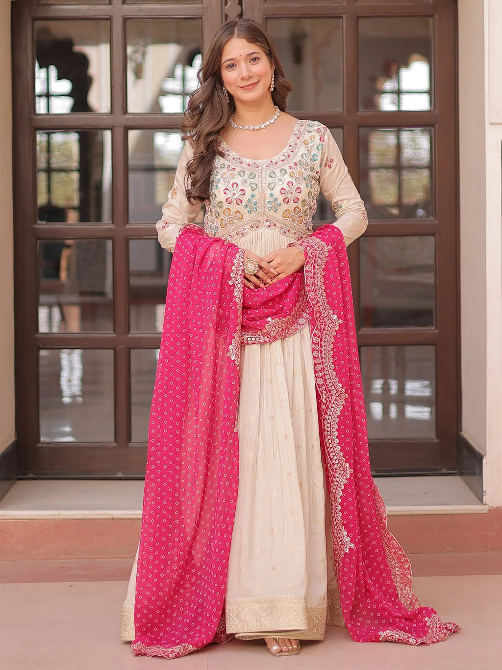 Cream Silk Pearl Beads Embroidery Gown with Pink Bandhani Dupatta