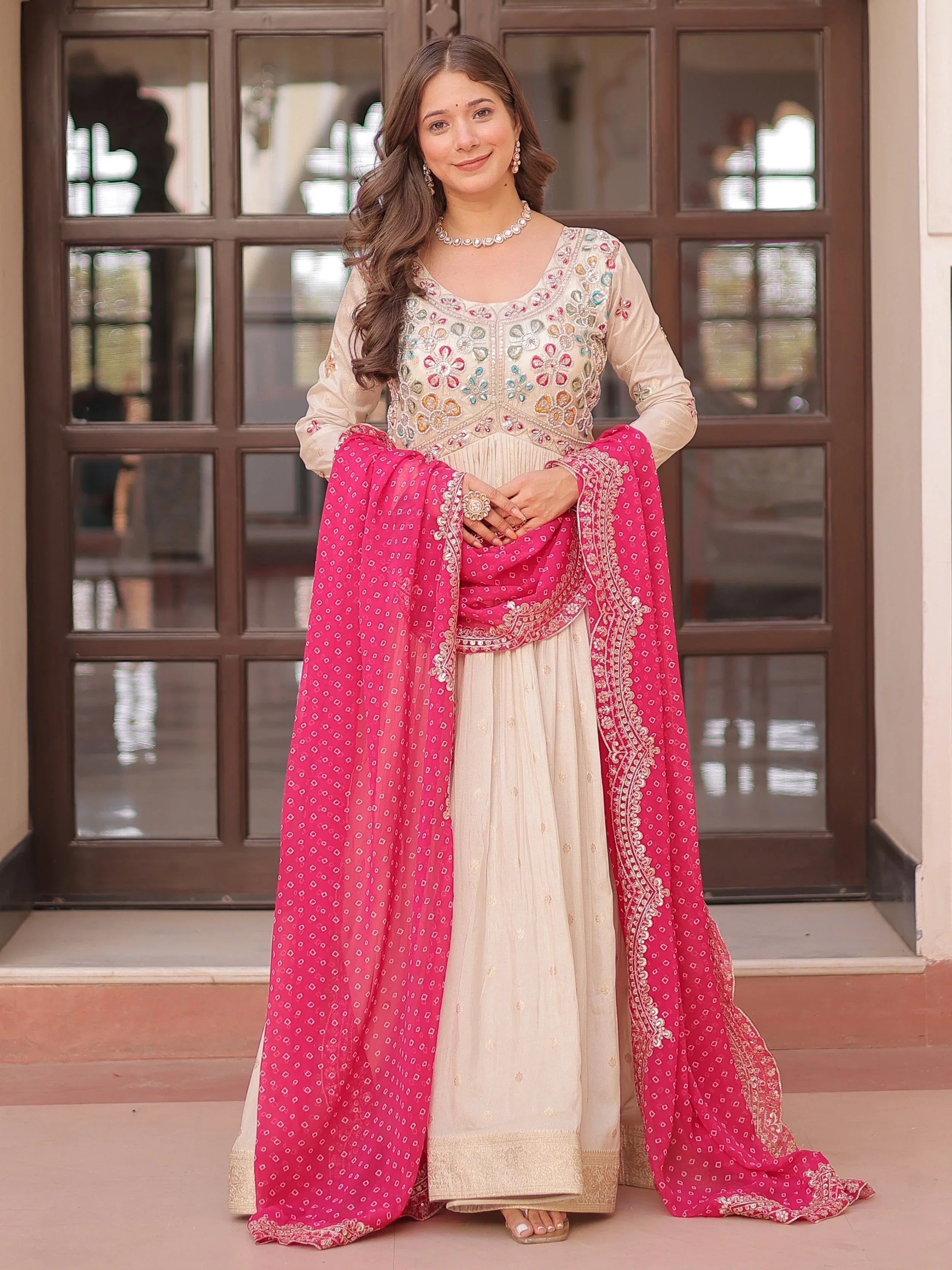 Cream Silk Pearl Beads Embroidery Gown with Pink Bandhani Dupatta