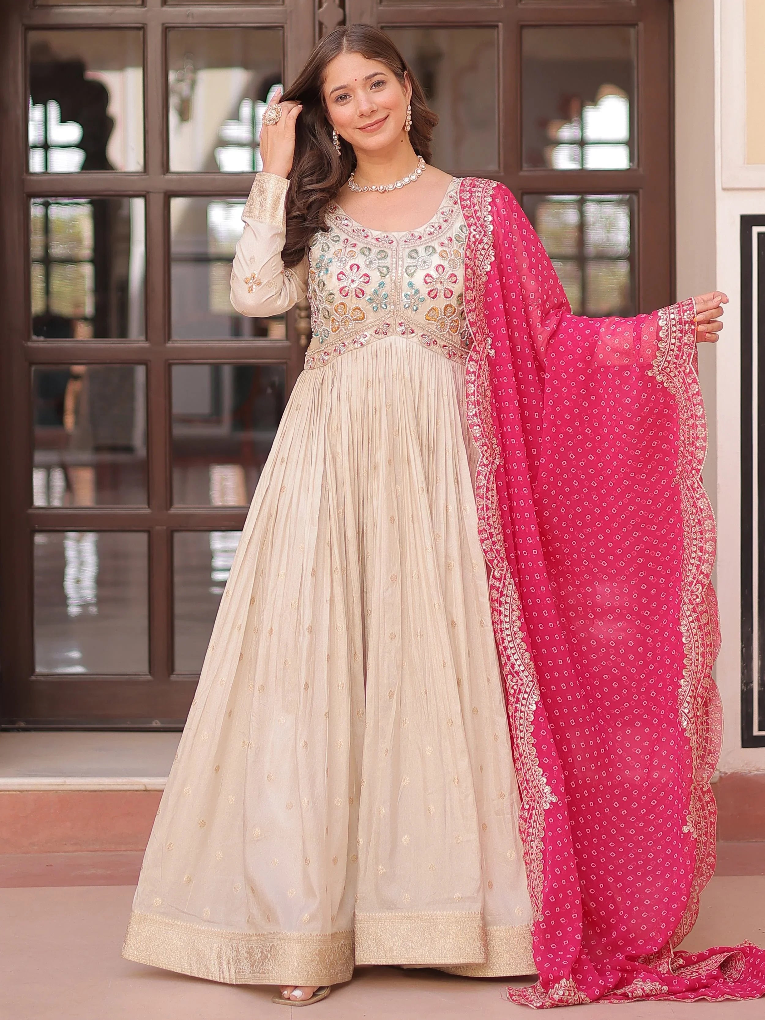 Cream Silk Pearl Beads Embroidery Gown with Pink Bandhani Dupatta M Cream Silk Pearl Beads Embroidery Gown with Pink Bandhani Dupatta M